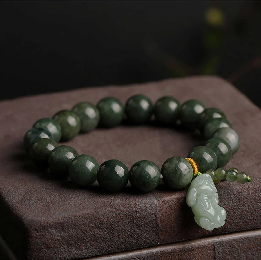 Green Jade Bracelet with Pixiu -Invite Wealth & Good Luck Energy Unisex