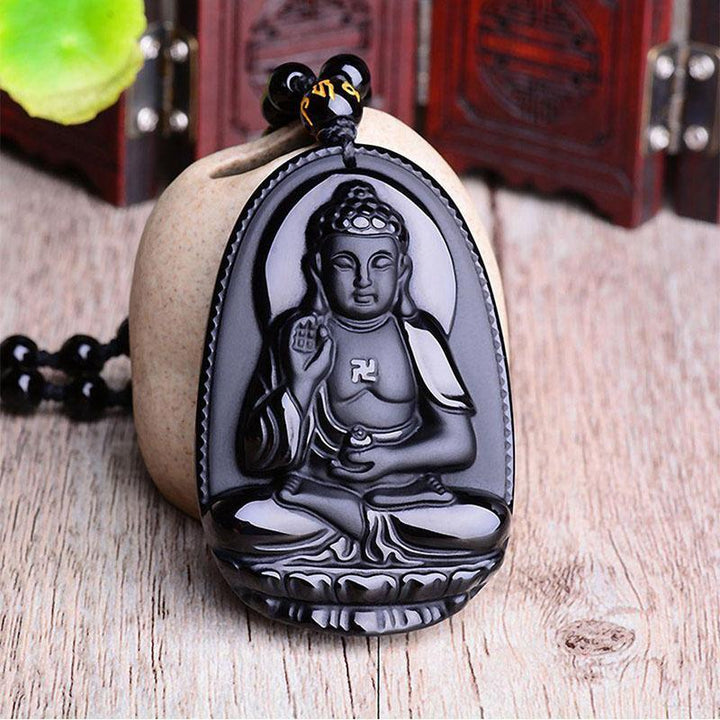 Black Obsidian Buddha Necklace Pendant - Protection & Courage