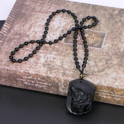 Black Obsidian Wolf Protection Necklace Wolf Pendant