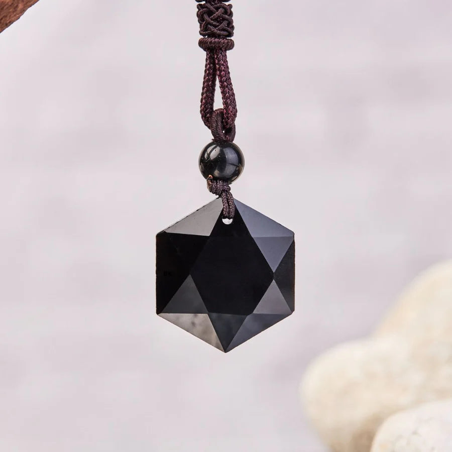 Black Obsidian Talisman - Hexagram Energy Protection Necklace