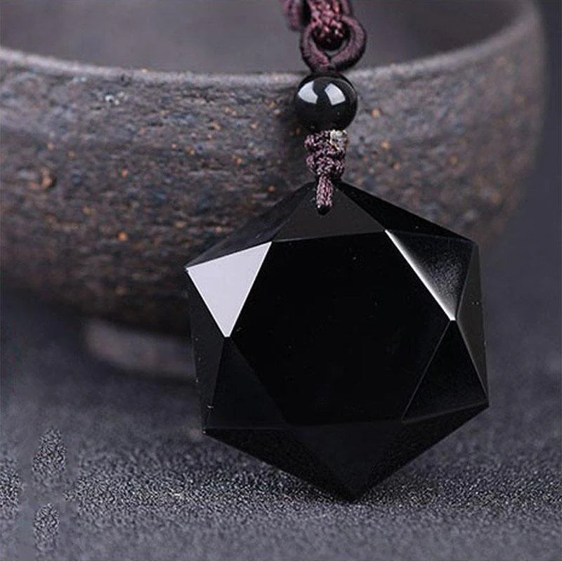 Black Obsidian Talisman - Hexagram Energy Protection Necklace