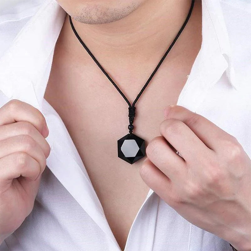 Black Obsidian Talisman - Hexagram Energy Protection Necklace