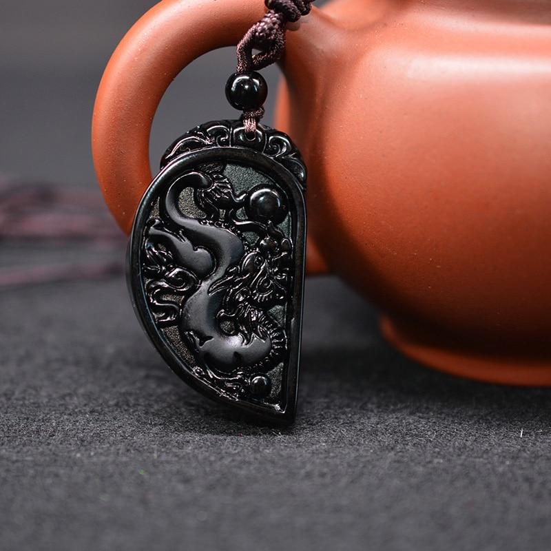 Half Heart Necklace for Couples - Obsidian Dragon and Phoenix Pendant Set