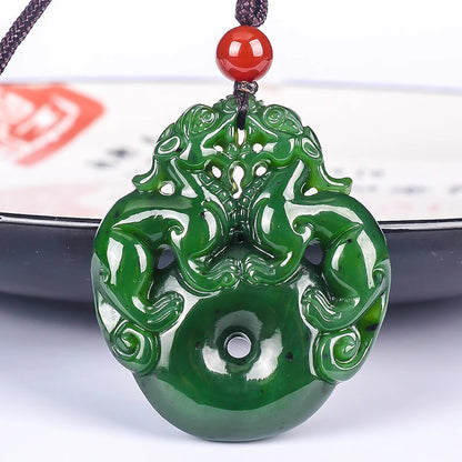 Lucky Double Pixiu Hetian Jade Necklace - Fulfill Dreams & Money Luck