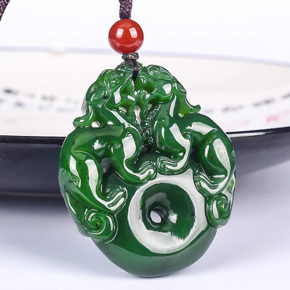 Lucky Double Pixiu Hetian Jade Necklace - Fulfill Dreams & Money Luck