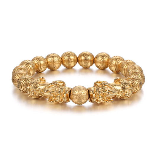 Gold-Colored Copper Pixiu Bracelet - Double Pixiu, Double Your Wealth