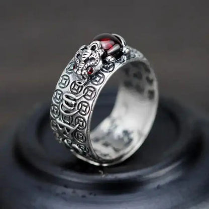 Natural Garnet Pixiu Ring - Feng Shui Wealth Ring