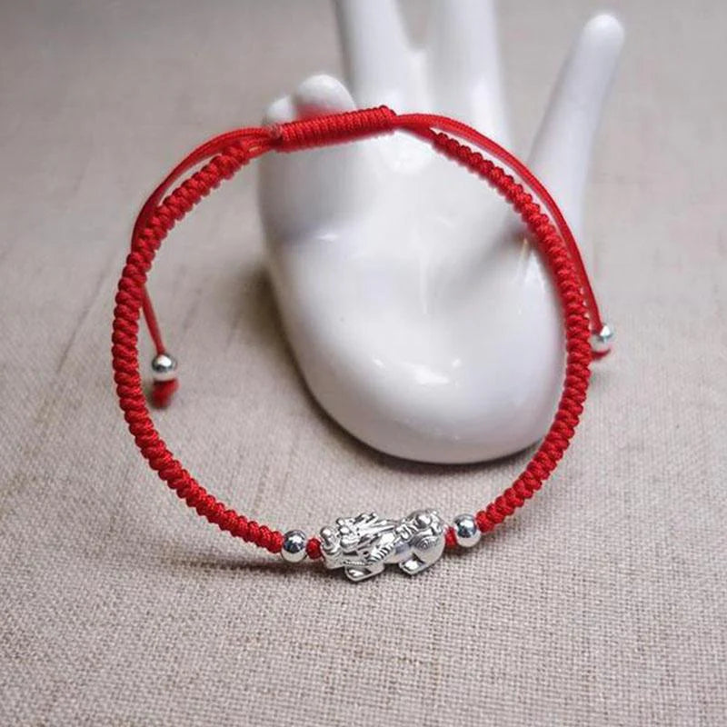 Red String Silver Pixiu Bracelet - Attract Windfall Luck