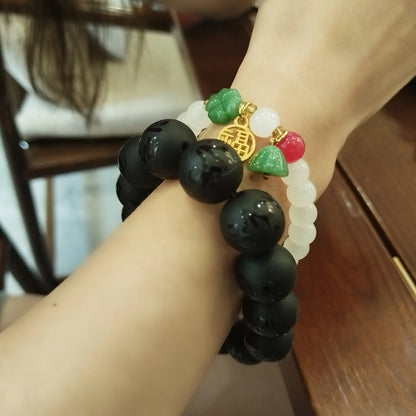 Black Obsidian Stone Bracelet-Attract Good Luck Engraved Bracelet