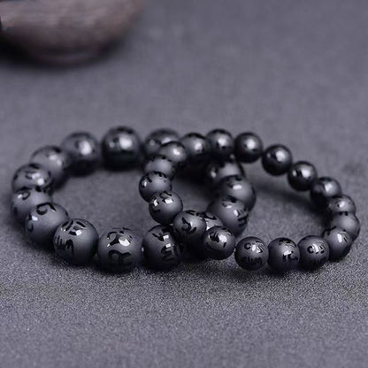 Black Obsidian Stone Bracelet-Attract Good Luck Engraved Bracelet