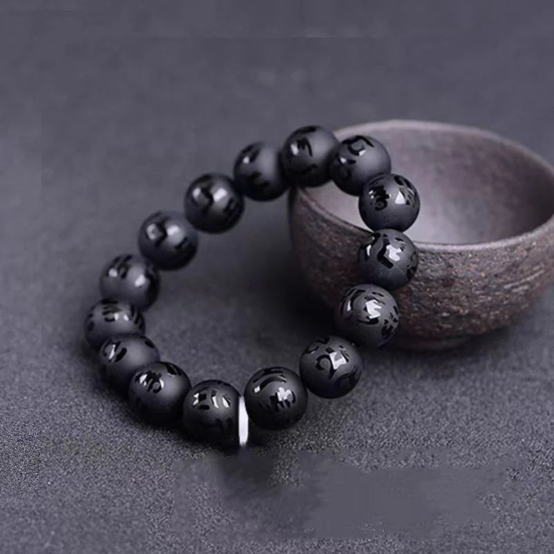 Black Obsidian Stone Bracelet-Attract Good Luck Engraved Bracelet