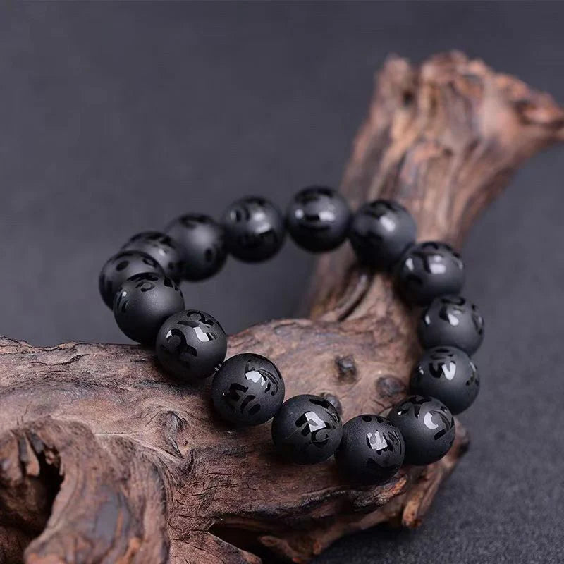 Black Obsidian Stone Bracelet-Attract Good Luck Engraved Bracelet